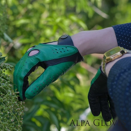 Men's FINGERLESS order Gloves - GREEN-BLACK - hairsheep leather